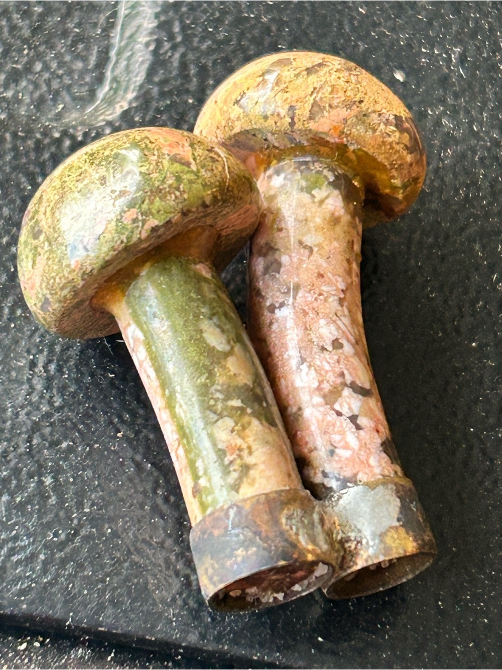 Handcrafted Stone Mushroom Pair Green and Pink Home Accent